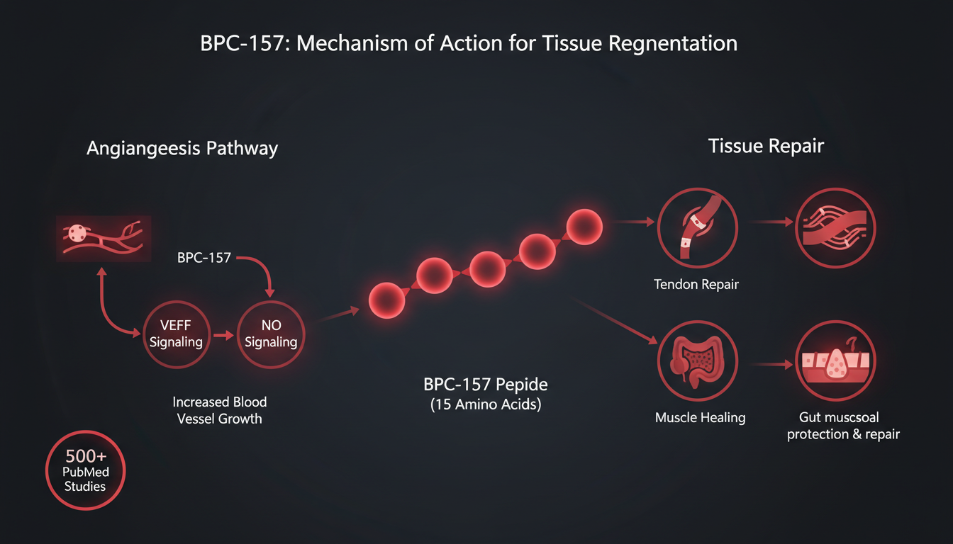 Infographie mécanisme d action BPC-157 — angiogenèse VEGF, réparation tissulaire, 500+ études PubMed
